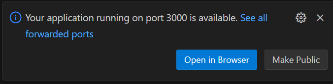 vs code popup notifying of application running on port 300